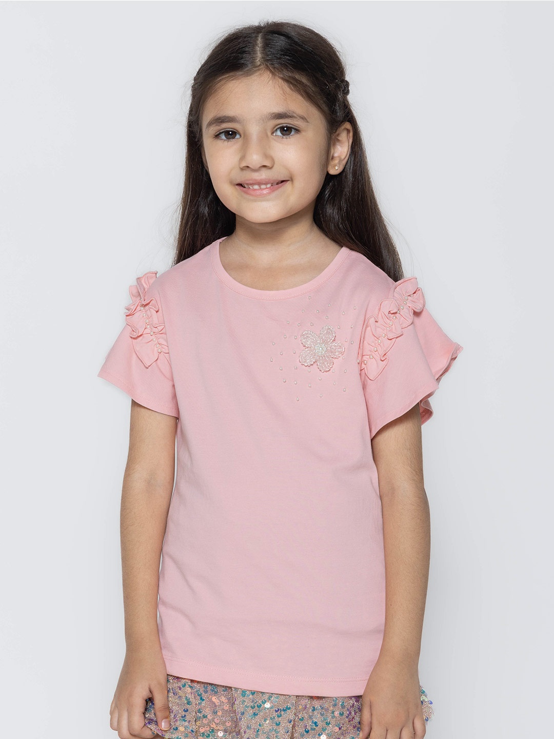 

PAMPOLINA Cotton Embellished Lace Frills Bows and Ruffles Top, Pink