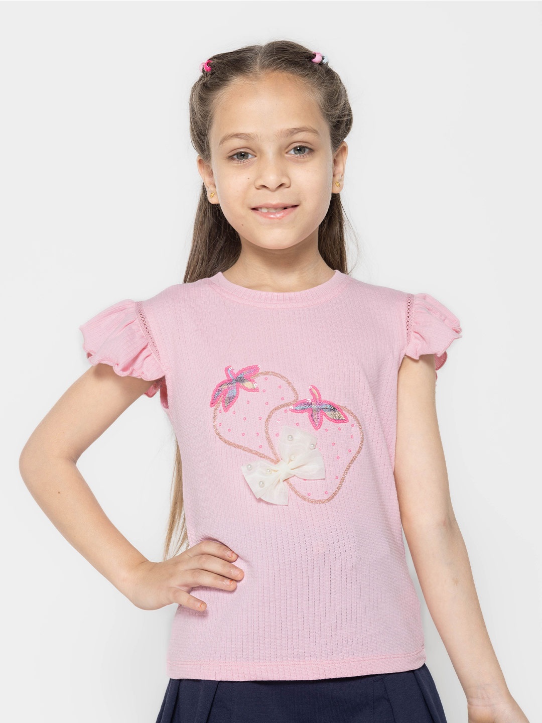 

PAMPOLINA Print Flutter Sleeve Round Neck Cotton Top, Pink