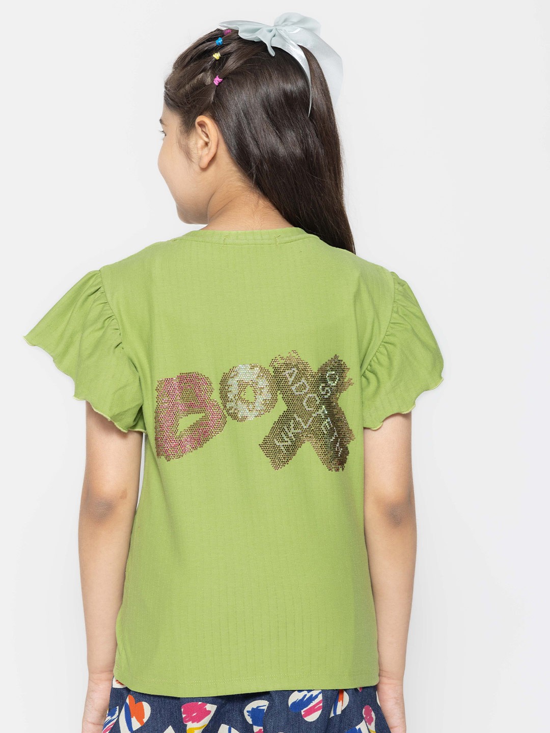 

PAMPOLINA Embellished Flutter Sleeve Round Neck Cotton Top, Green