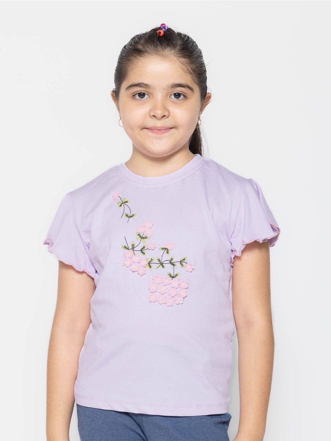 

PAMPOLINA Girls Floral Printed Round Half Sleeve Cotton T-shirt, Lavender