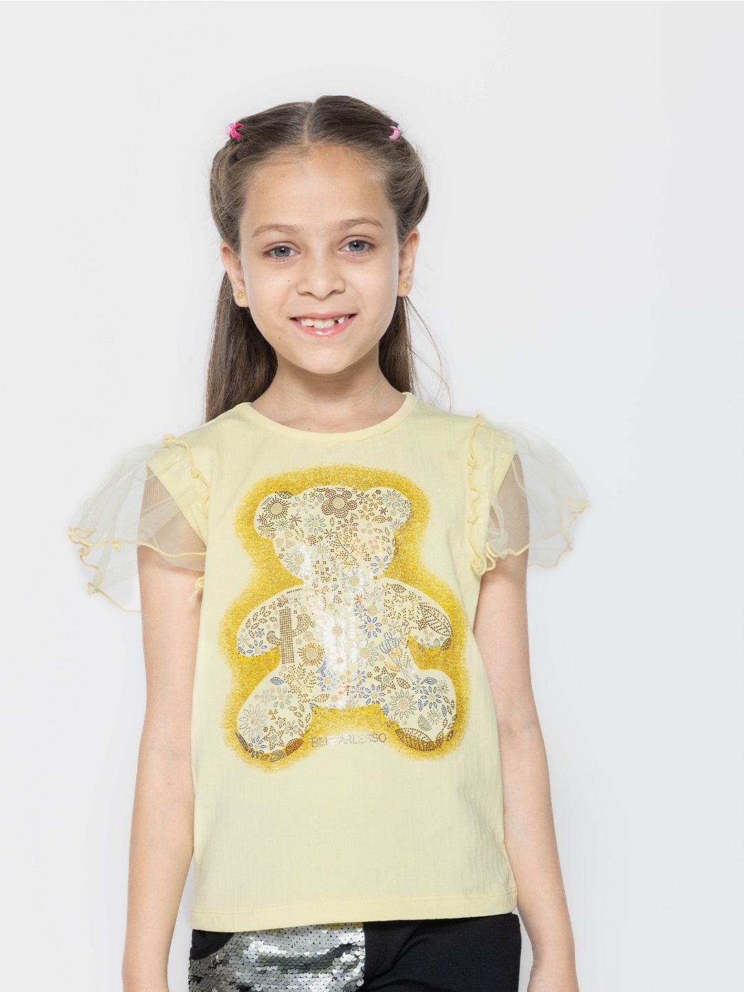 

PAMPOLINA Girls Embellished Flutter Sleeve Cotton Top, Yellow