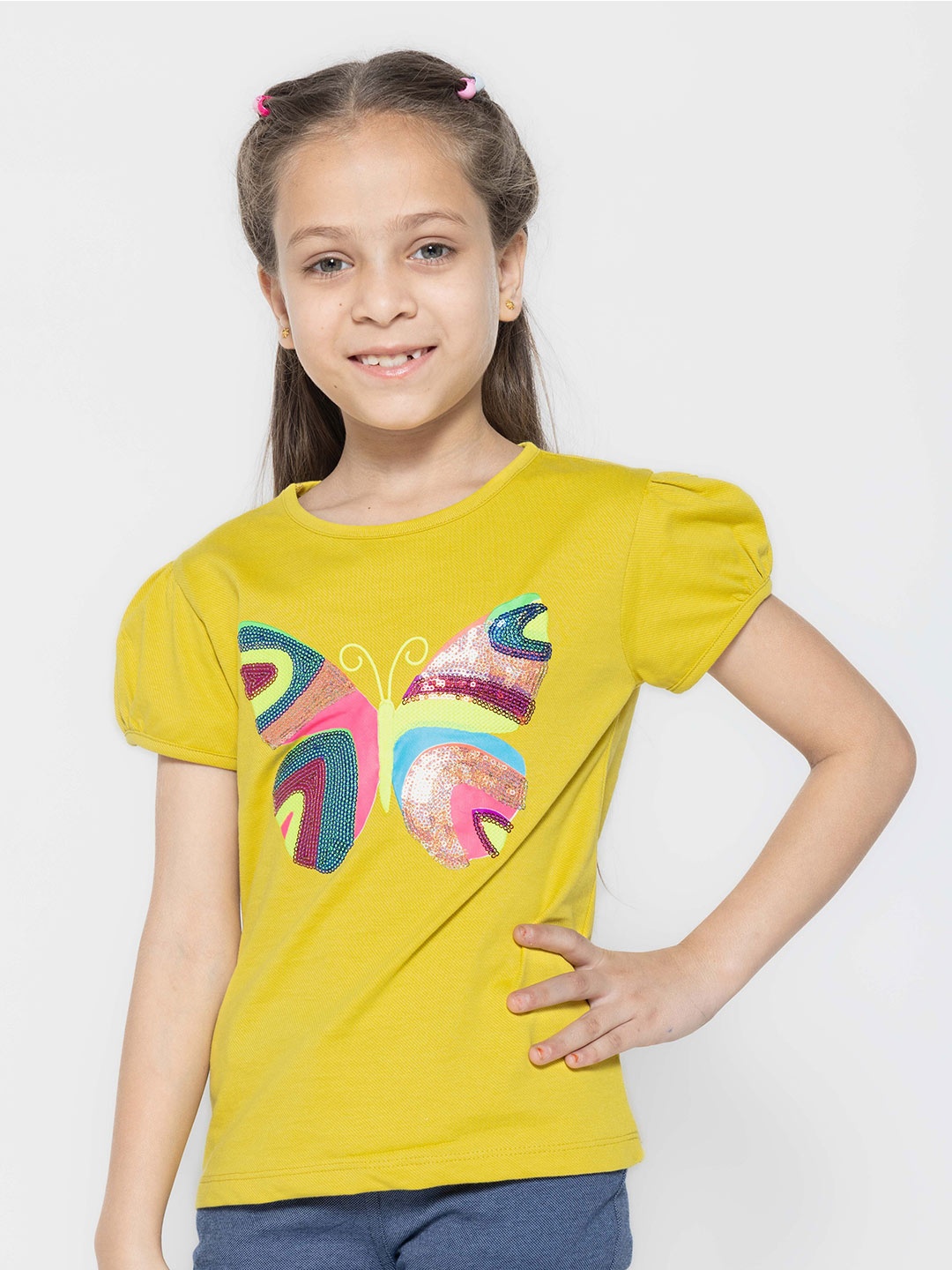 

PAMPOLINA Girls Sequin Printed Half Sleeve Round Neck Top, Mustard