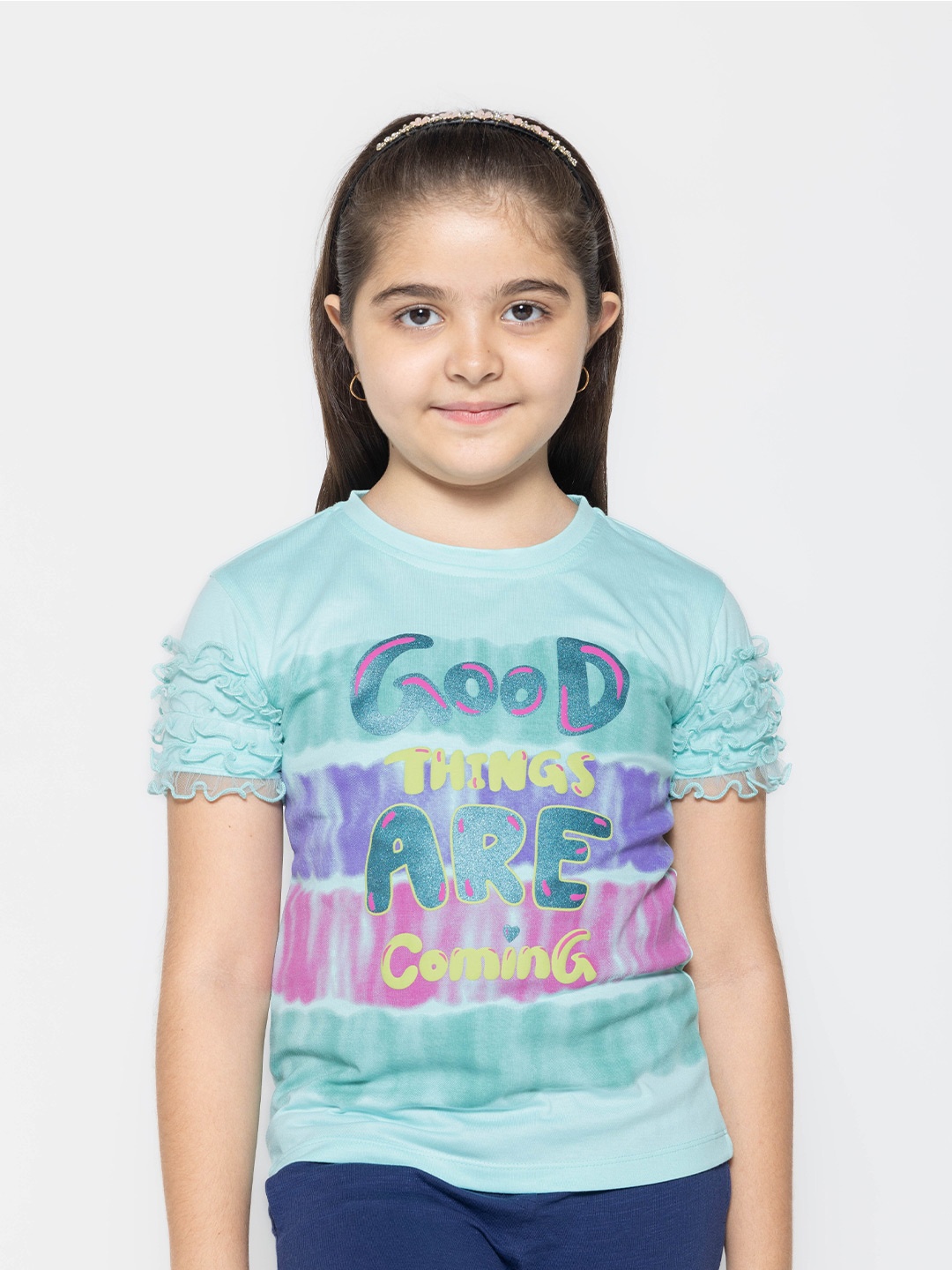 

PAMPOLINA Girls Typography Printed Extended Sleeves Cotton Top, Blue