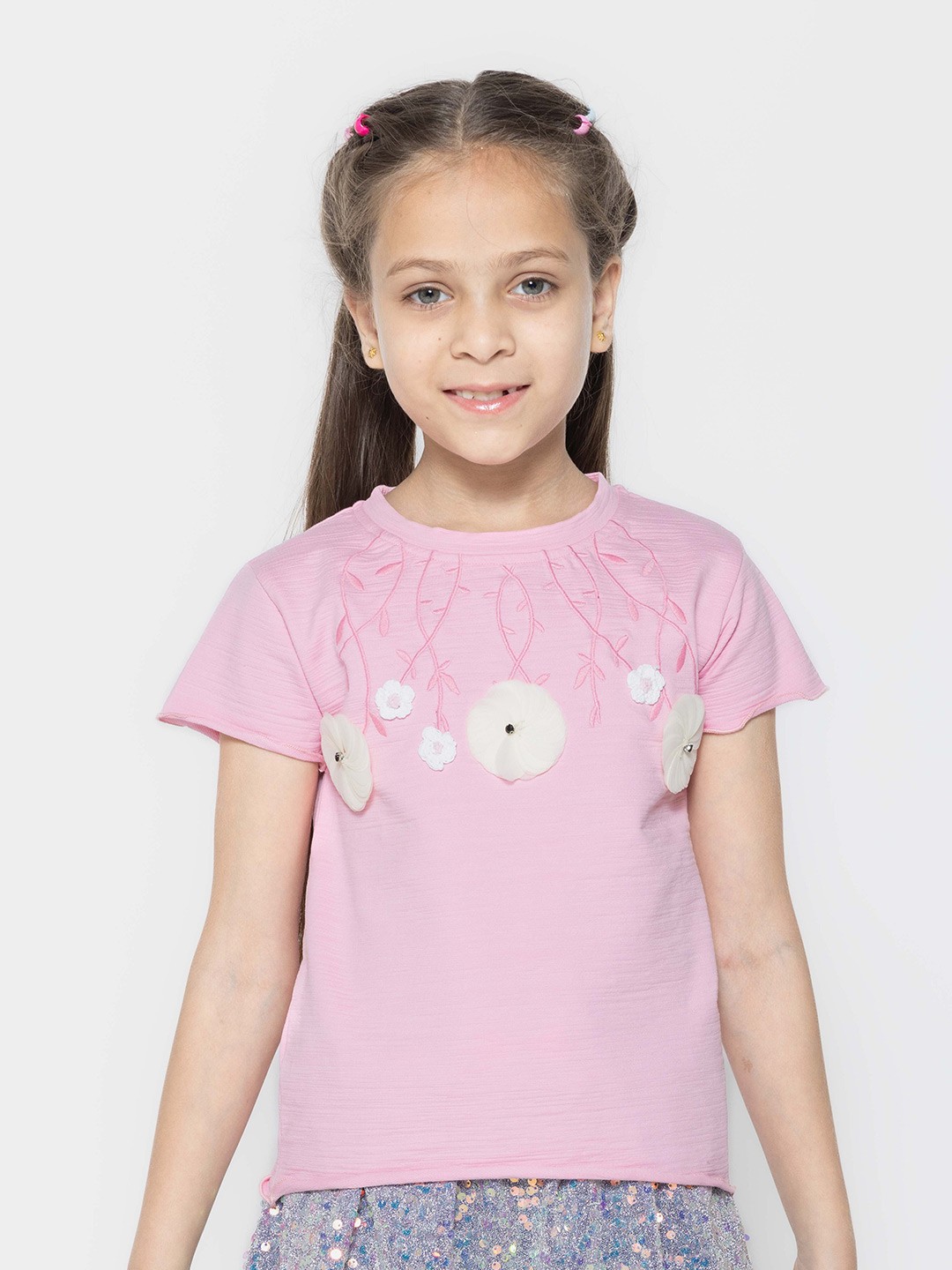 

PAMPOLINA Girls Floral Printed Half Sleeve Round Neck Top, Pink