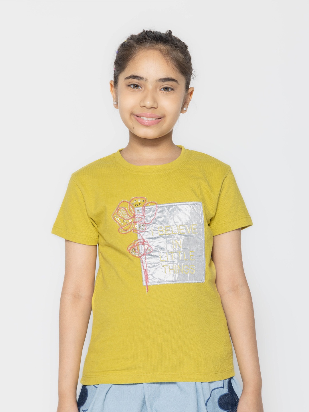 

PAMPOLINA Girls Applique Embroidered Half Sleeve Round Neck Cotton Top, Green