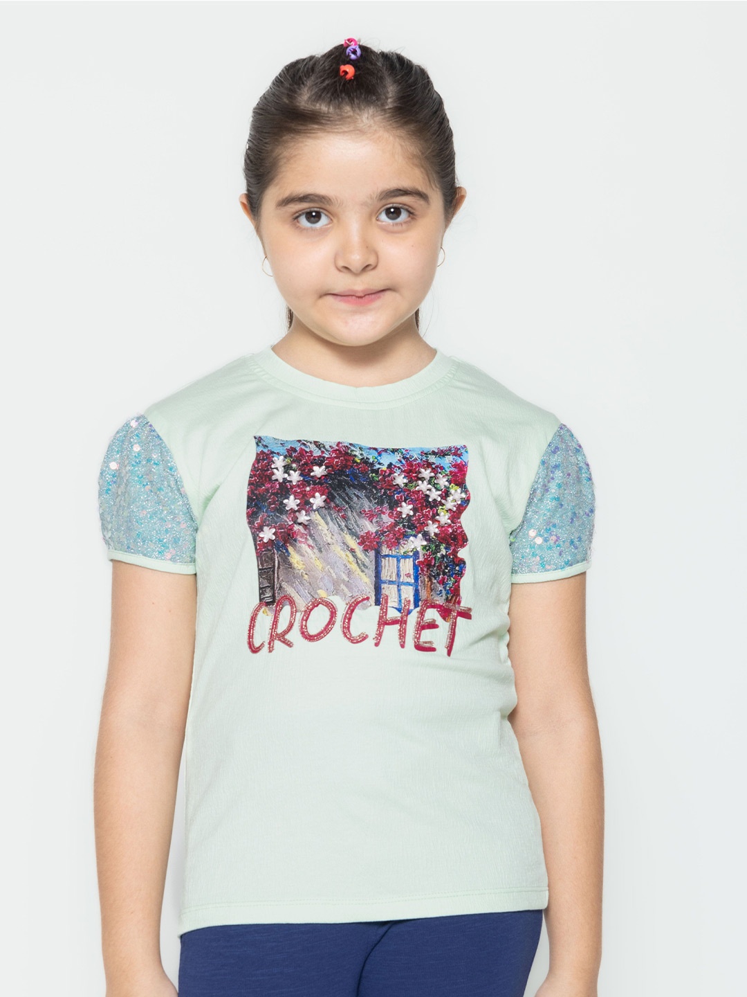 

PAMPOLINA Girls Graphic Printed Half Sleeve Round Neck Print Cotton Top, Green