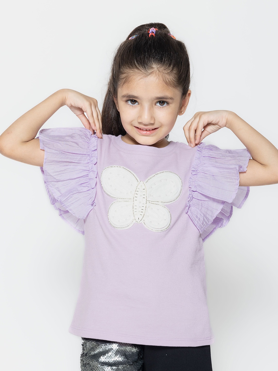 

PAMPOLINA Girls Applique Flutter Sleeve Cotton Top, Lavender