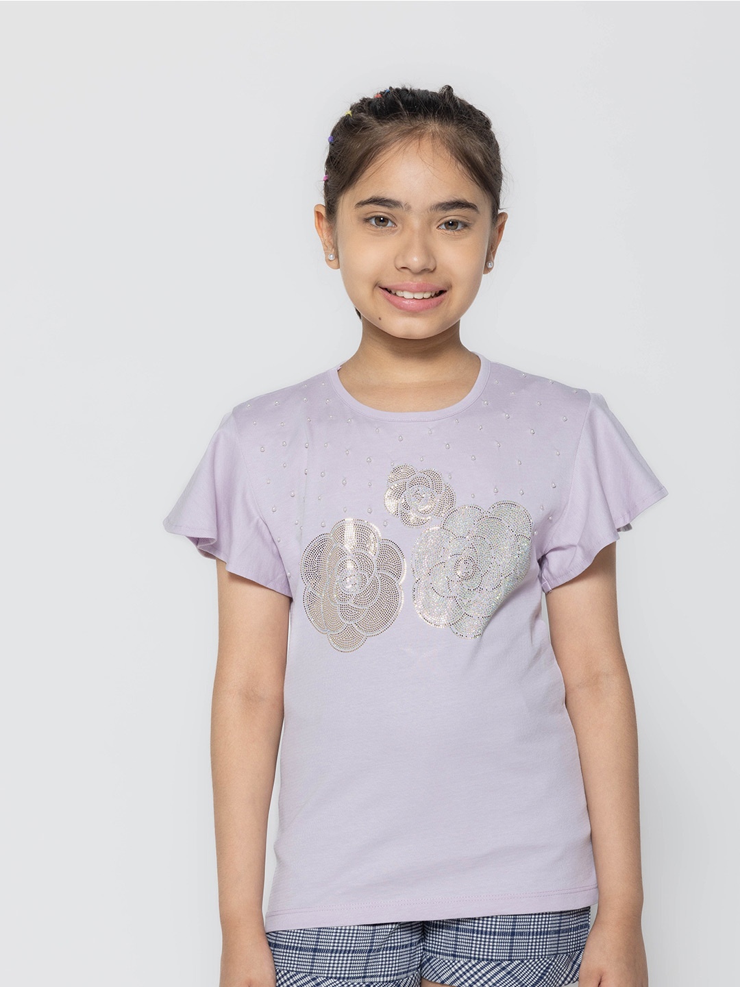 

PAMPOLINA Girls Embellished Flutter Sleeves Cotton Top, Lavender