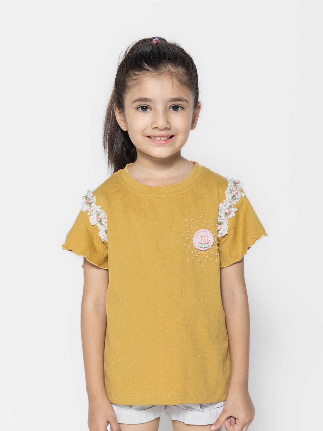 

PAMPOLINA Girls Solid Embroidered Half Sleeve Round Neck Cotton Top, Khaki