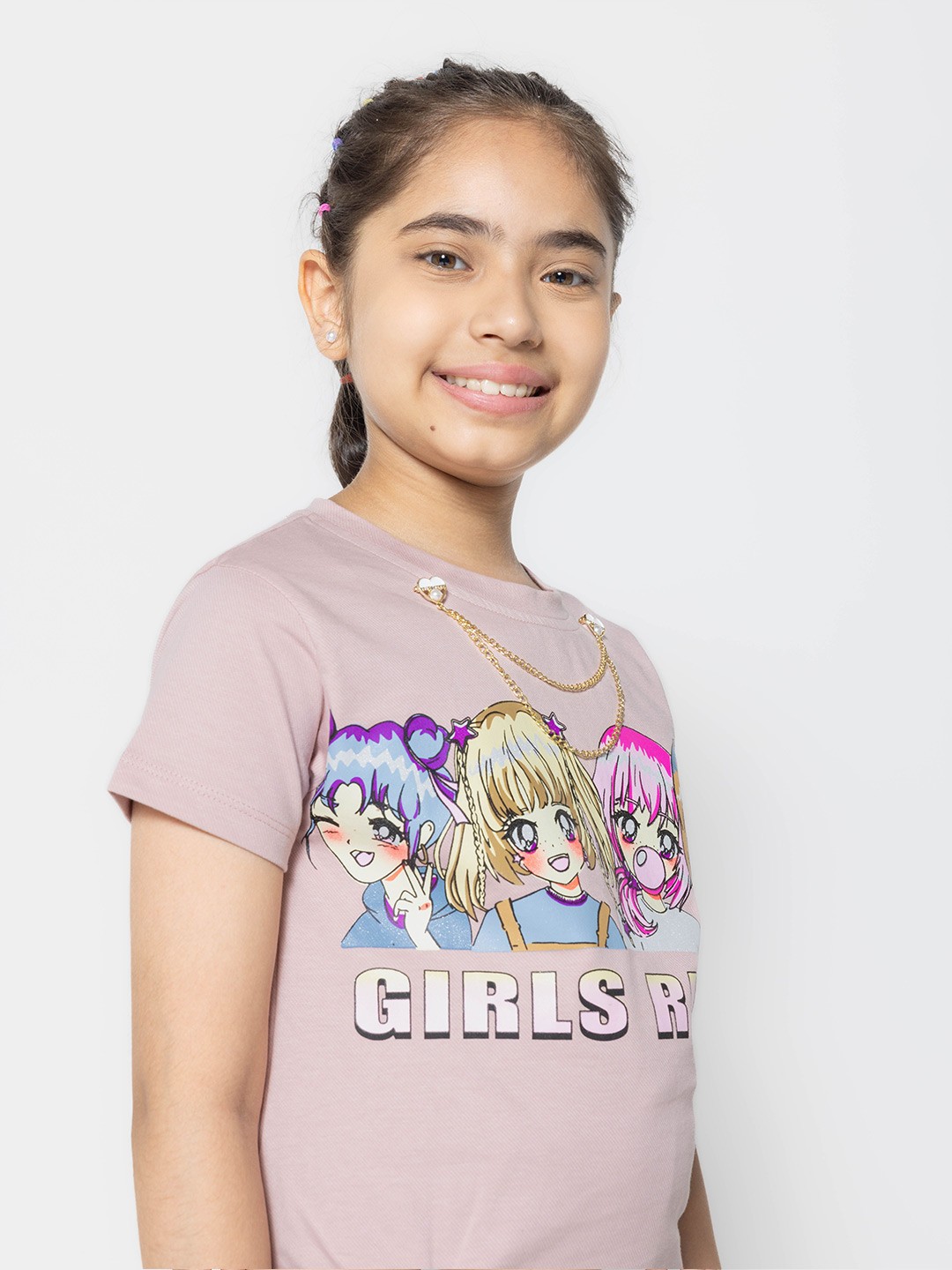 

PAMPOLINA Girls Graphic Printed Half Sleeve Round Neck Cotton Top, Pink