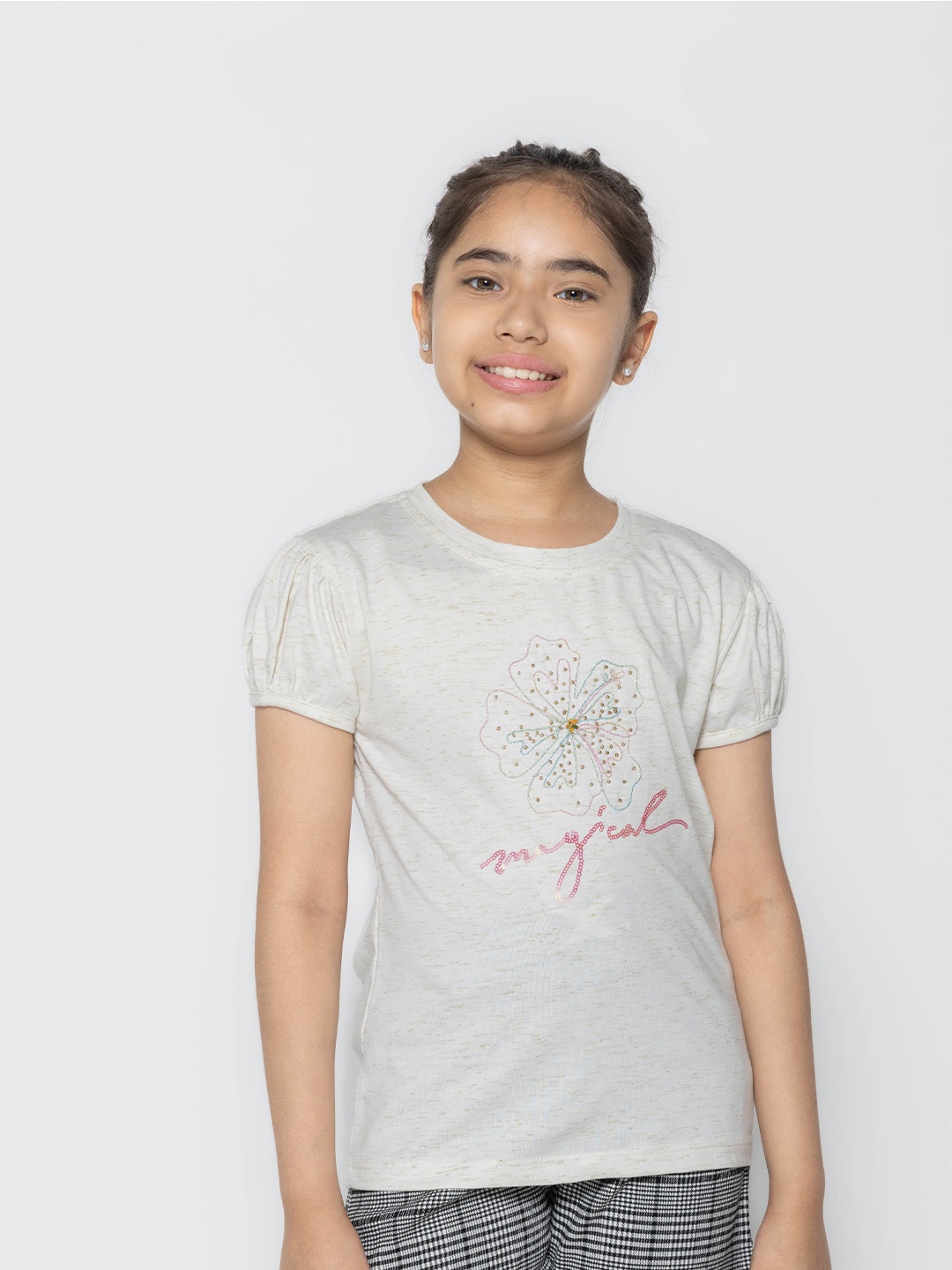 

PAMPOLINA Girls Embellished Puff Sleeve Cotton Top, Beige