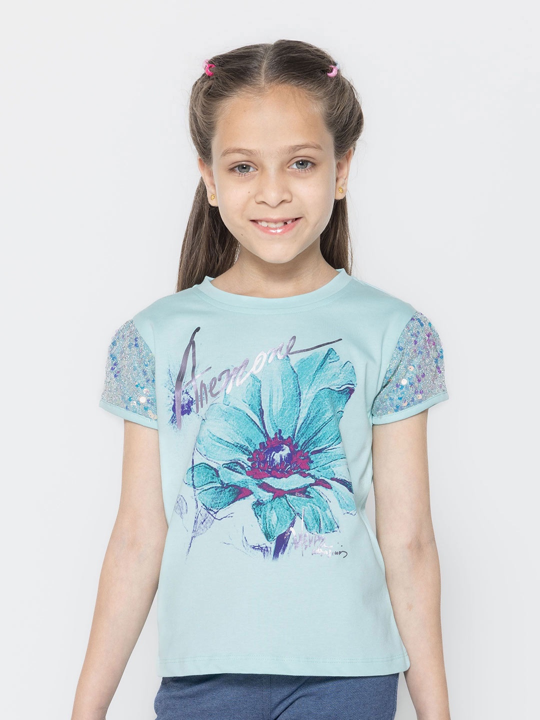 

PAMPOLINA Girls Floral Printed Half Sleeve Round Neck Top, Blue