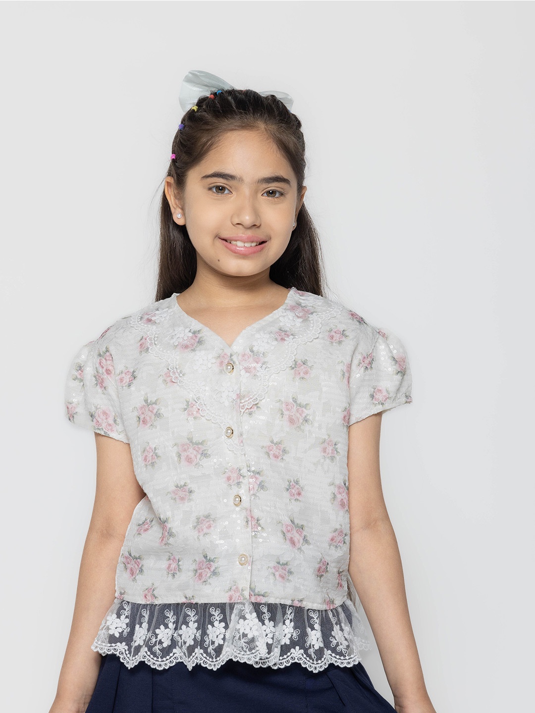

PAMPOLINA Girls Floral Printed Half Sleeve V-Neck Top, Peach