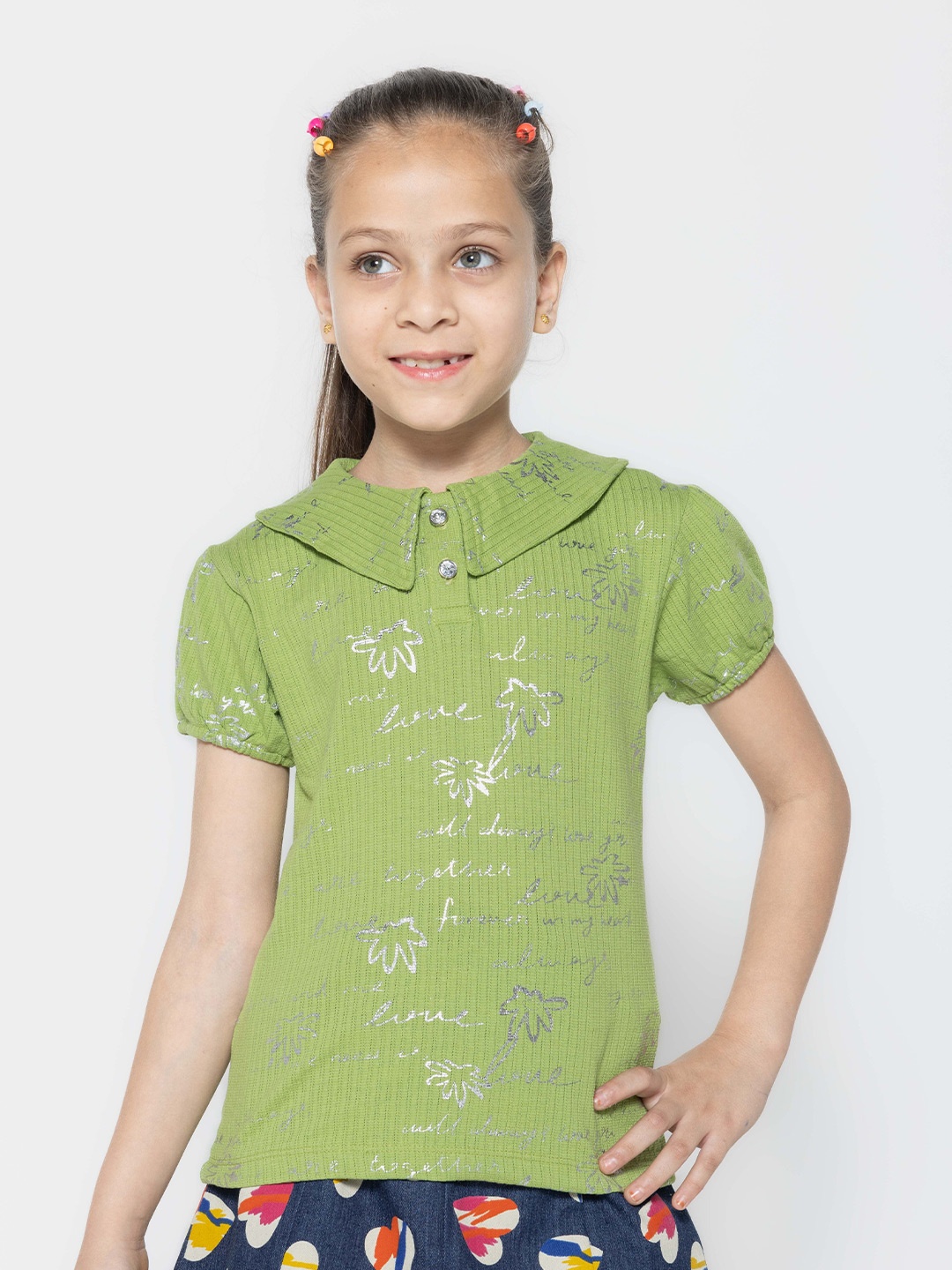 

PAMPOLINA Girls Typography Printed Peter Pan Collar Puff Sleeve Cotton Shirt Style Top, Green