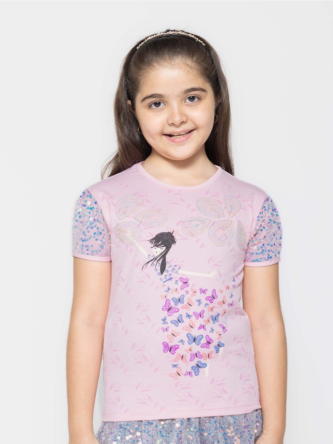 

PAMPOLINA Girls Conversational Printed Half Sleeve Round Neck Cotton Top, Pink