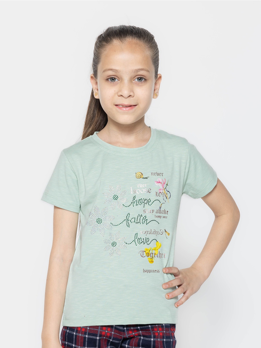 

PAMPOLINA Girls Typography printed Half Sleeve Round Neck Cotton Top, Green