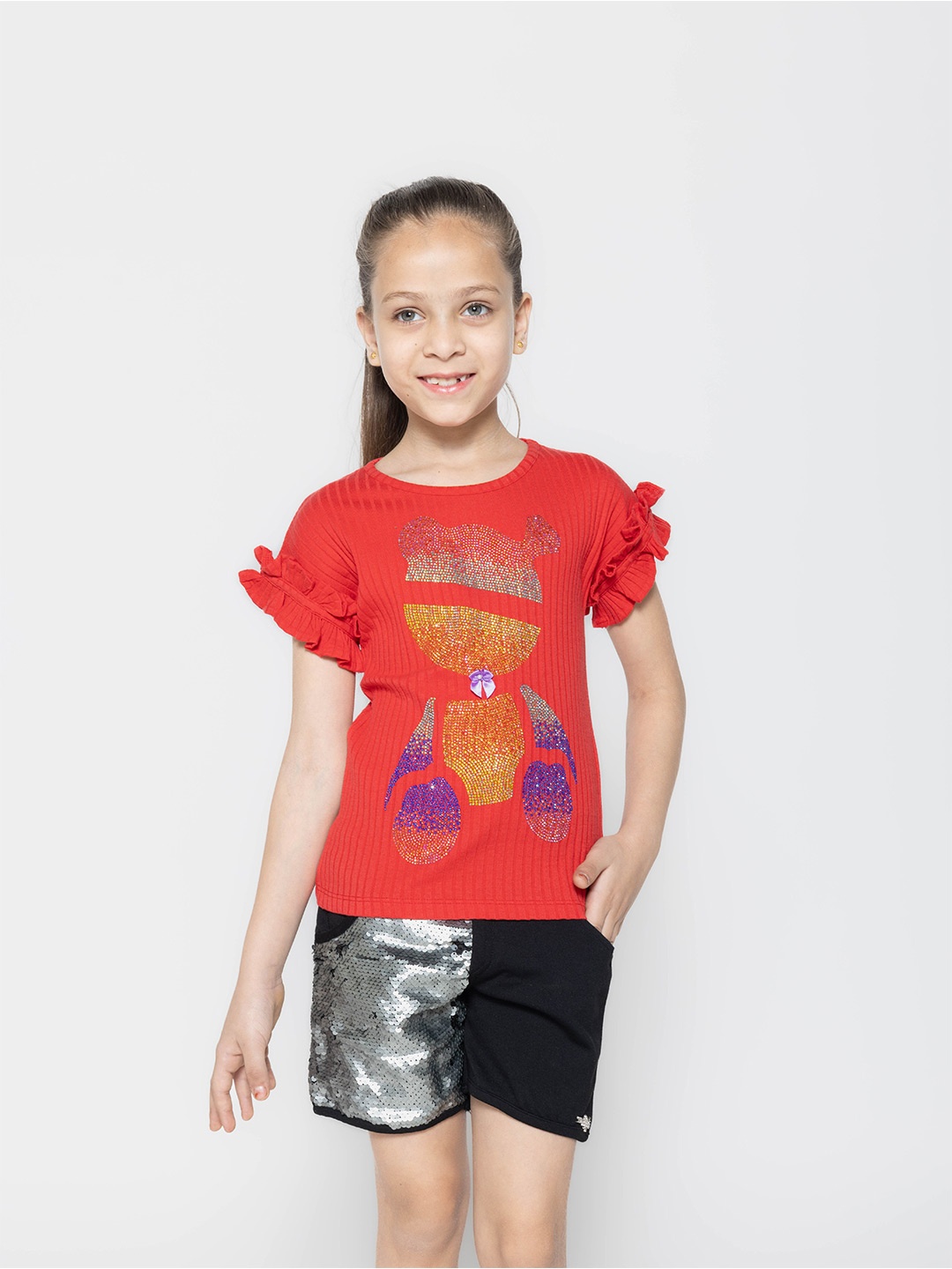 

PAMPOLINA Girls Embellished Printed Flutter Sleeve Cotton Top, Coral