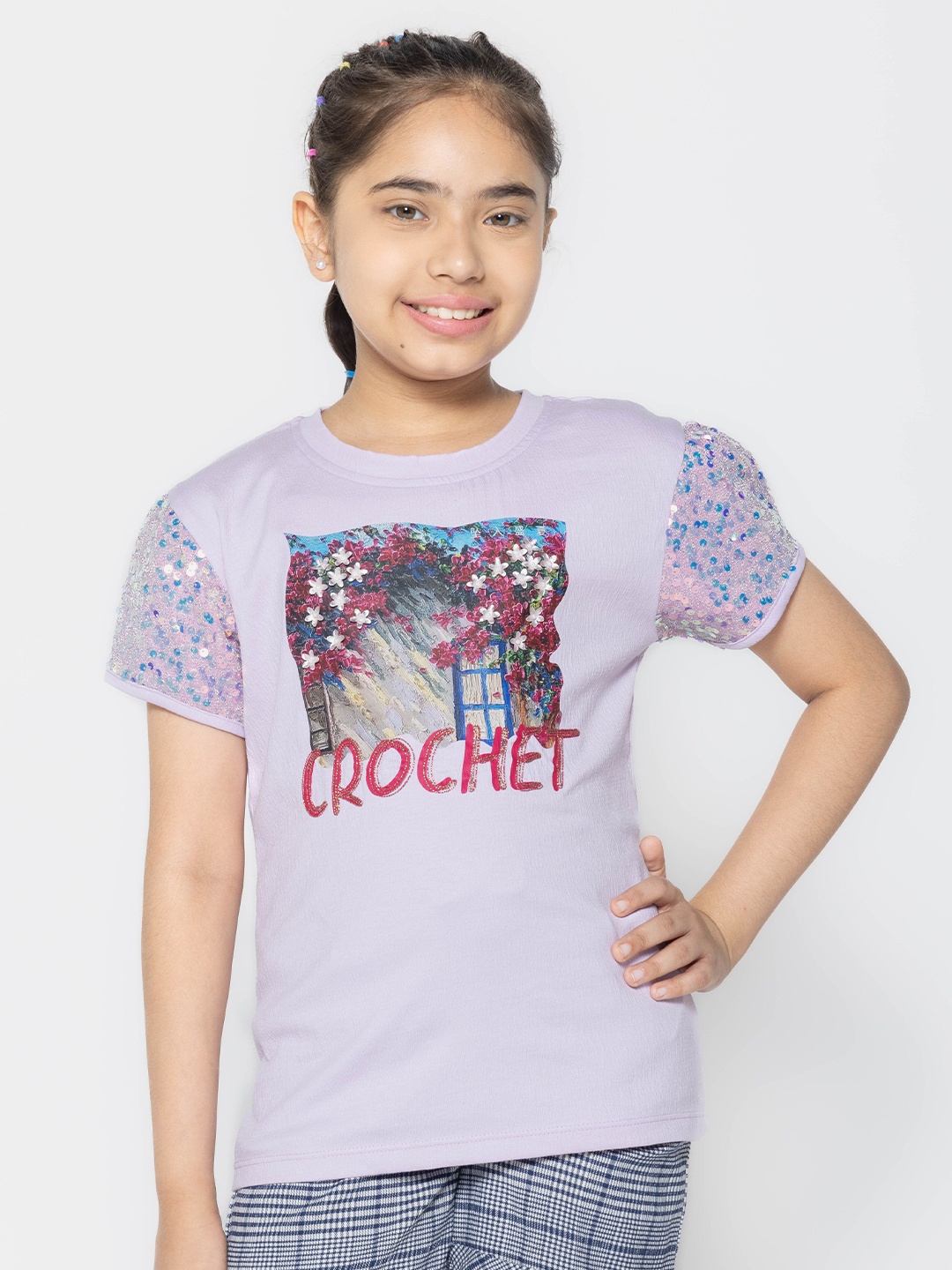 

PAMPOLINA Girls Embellished Graphic Printed Half Sleeve Round Neck Cotton Top, Lavender