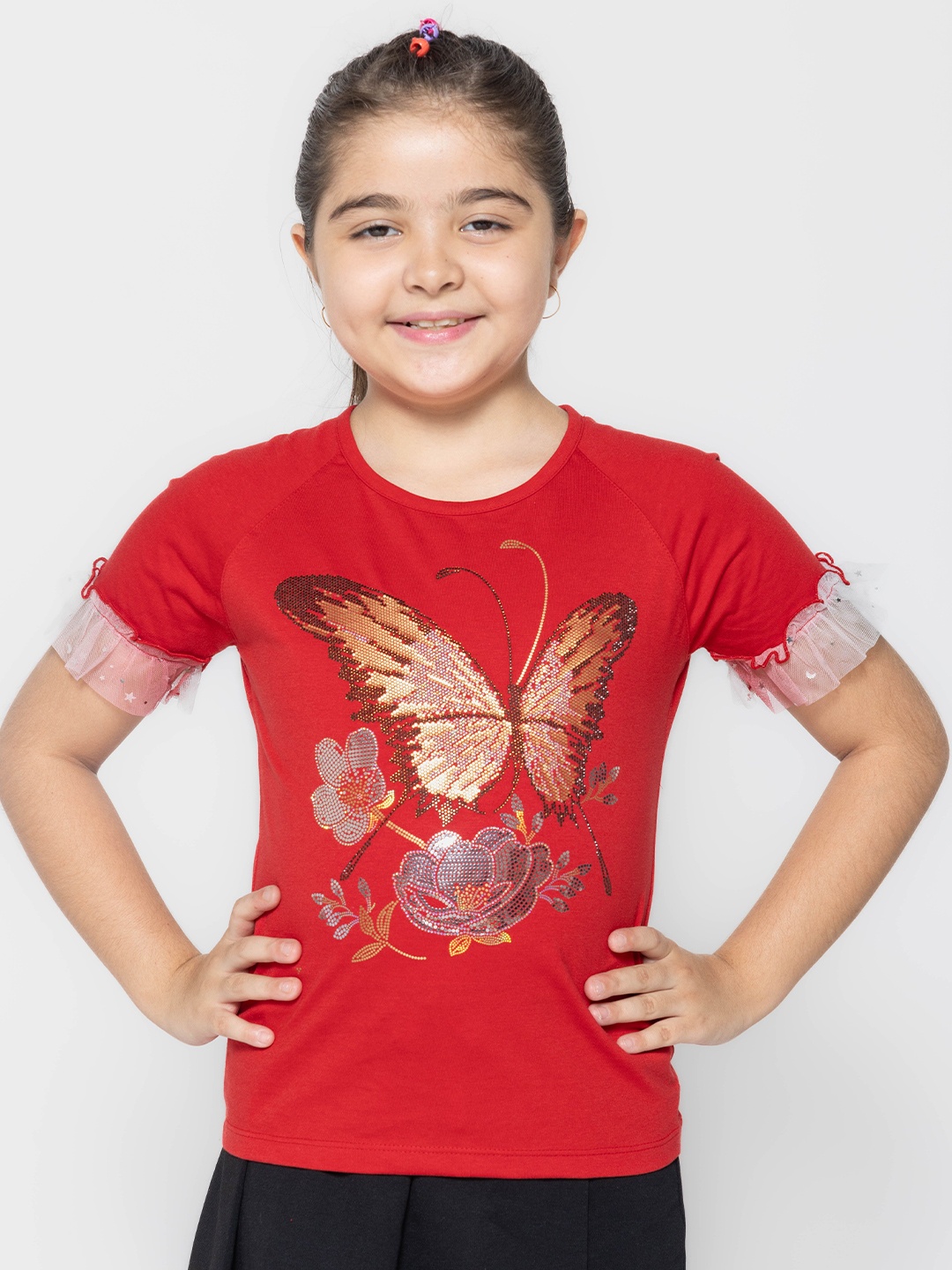 

PAMPOLINA Girls Embellished Printed Half Sleeve Round Neck Cotton Top, Red