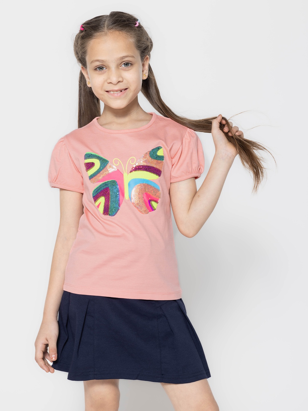 

PAMPOLINA Girls Embellished Printed Puff Sleeve Round Neck Cotton Top, Peach