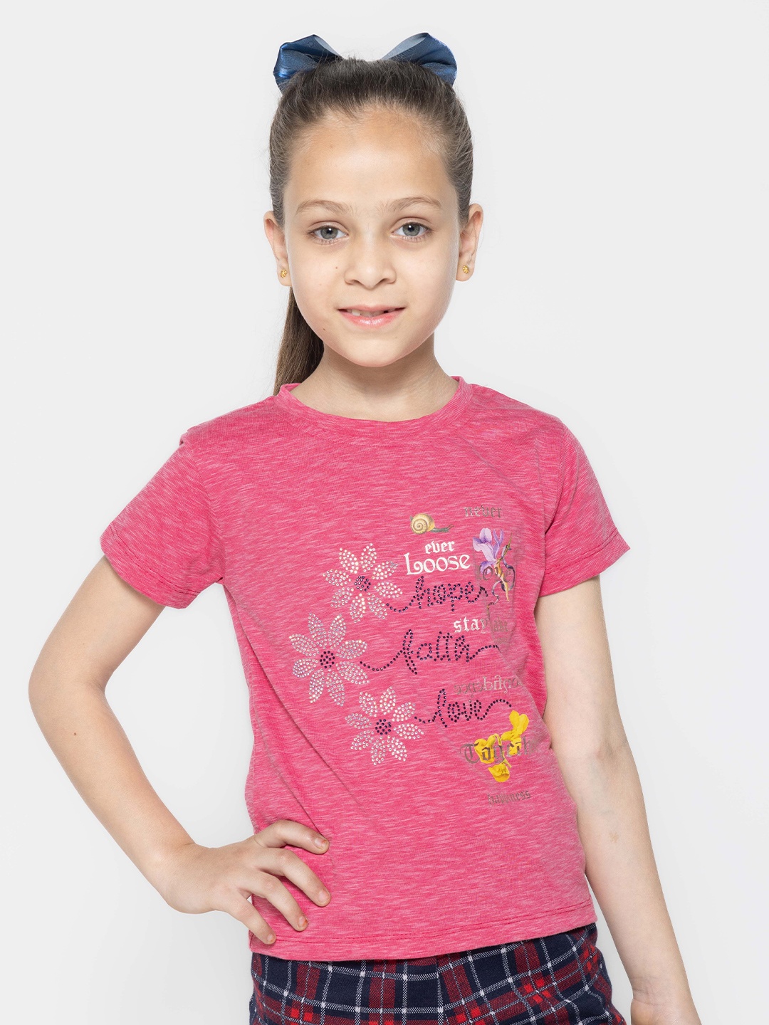 

PAMPOLINA Girls Embellished Printed Half Sleeve Round Neck Cotton Top, Magenta