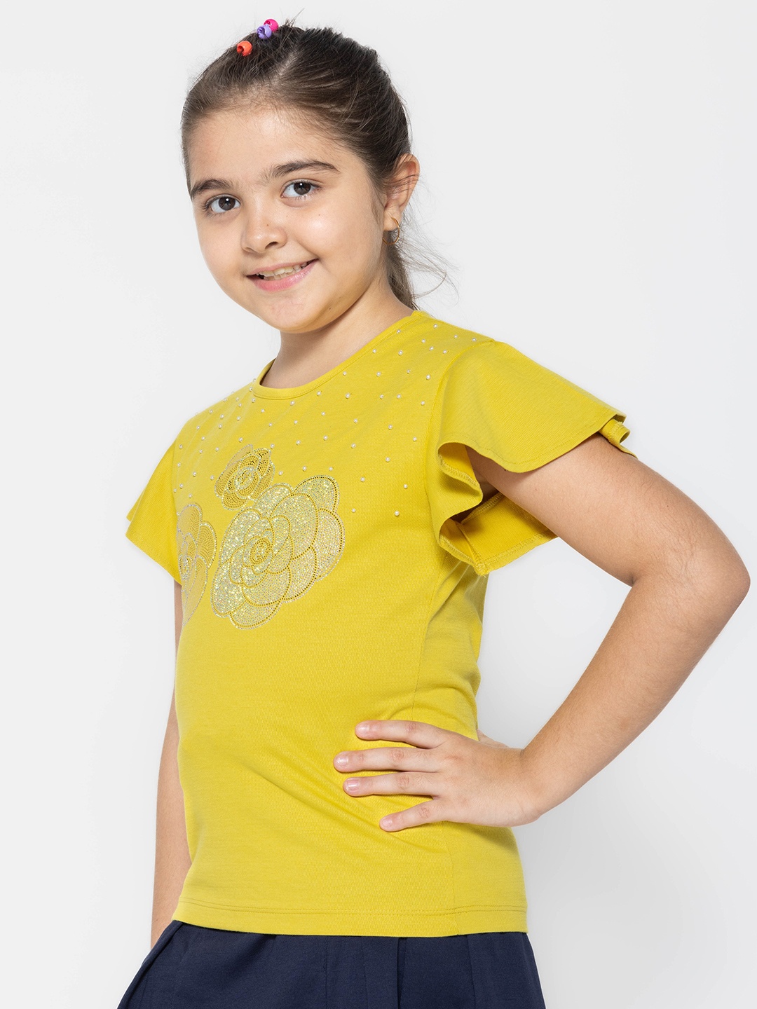 

PAMPOLINA Girls Embellished Flutter Sleeve Cotton Top, Green