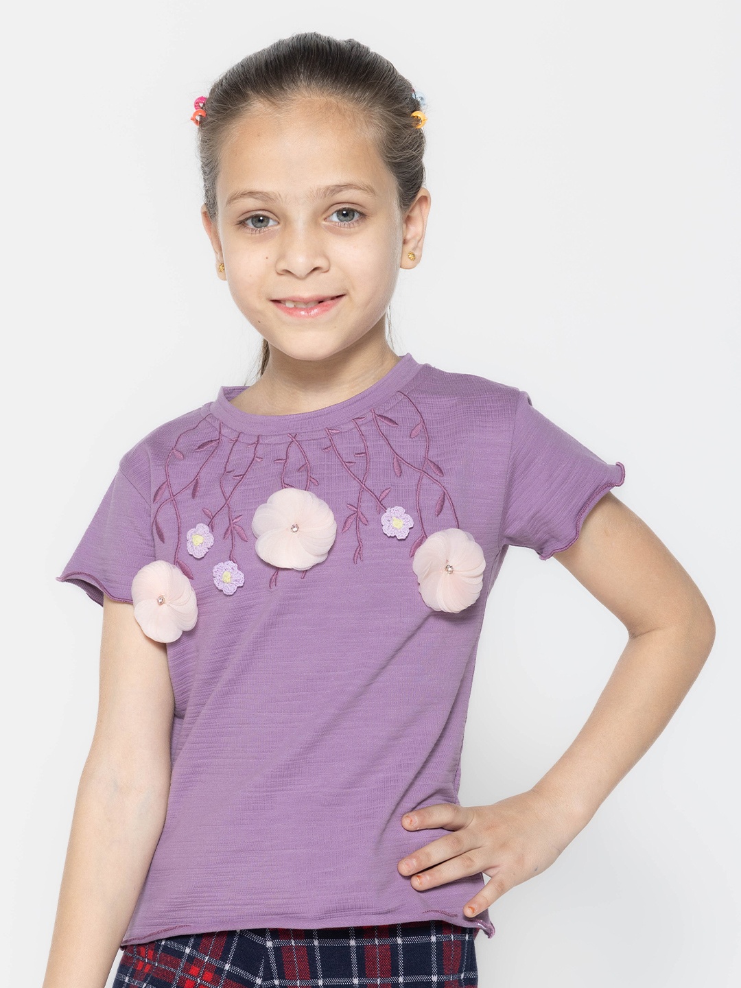 

PAMPOLINA Girls Embroidered Printed Half Sleeve Round Neck Cotton Top, Purple
