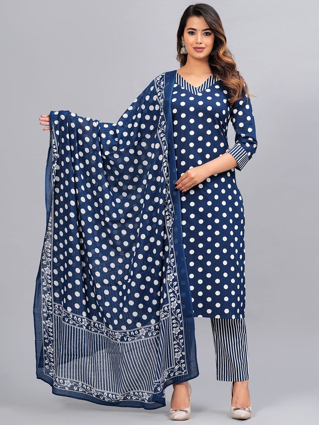 

KALINI Polka Dot Printed Regular Pure Cotton Kurta With Trousers & Dupatta, White