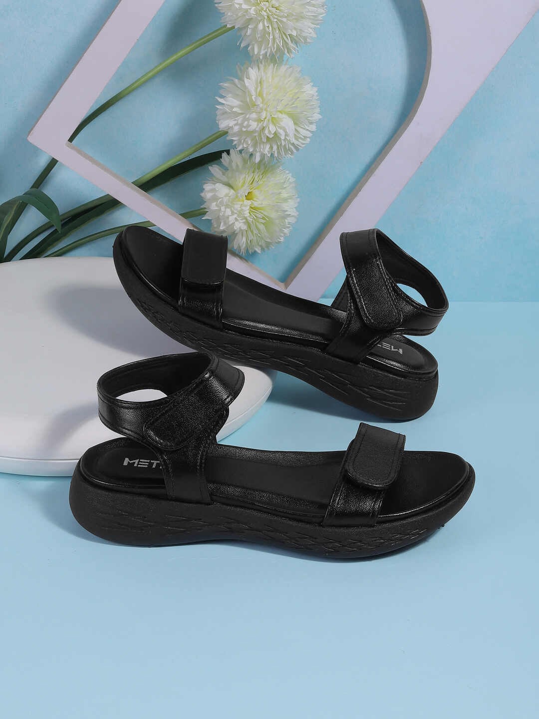 

Metro Women Double Strap Open Toe Flats, Black