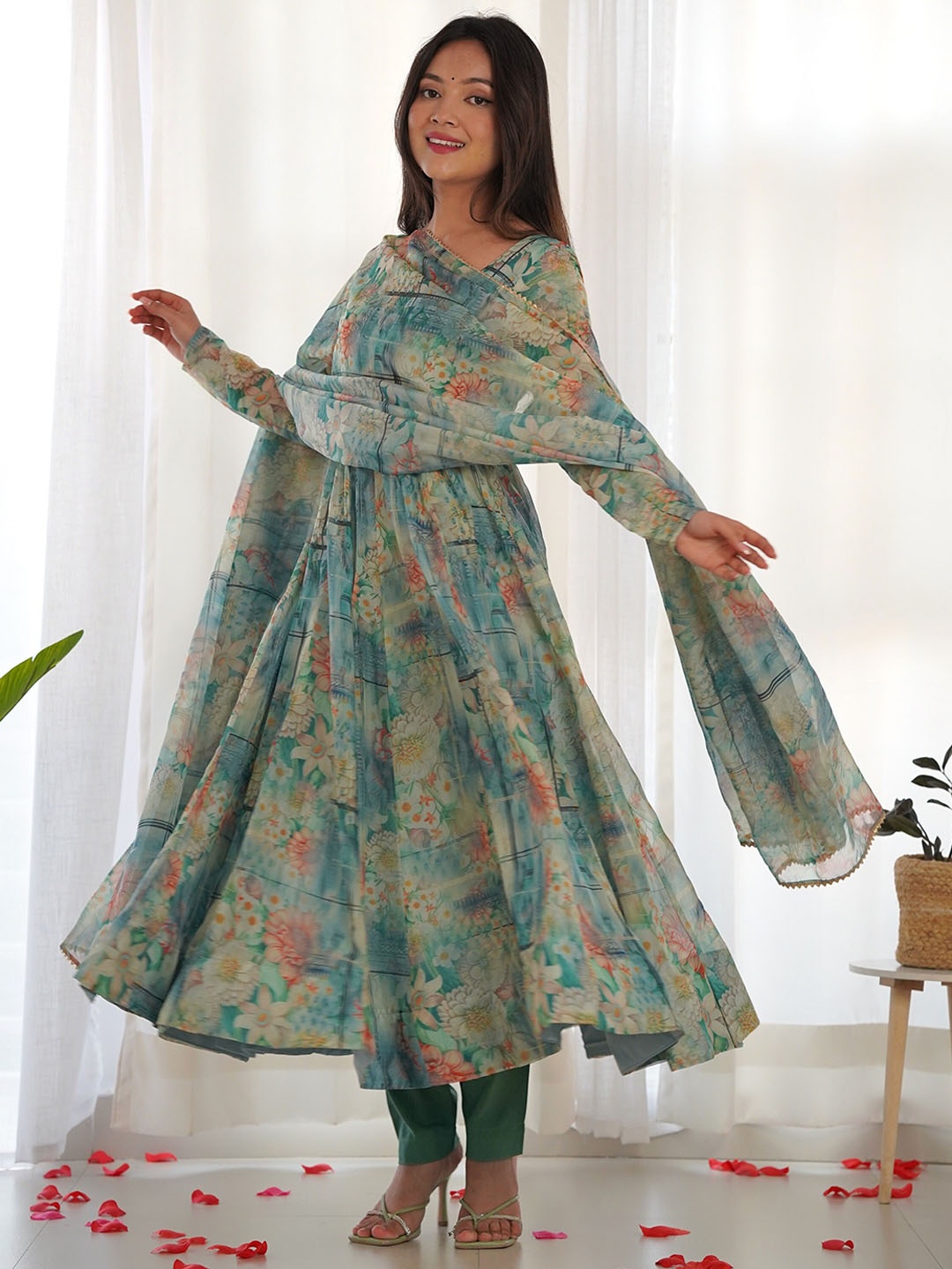 

KALINI Floral Printed Empire Anarkali Kurta With Trousers & Dupatta, Blue