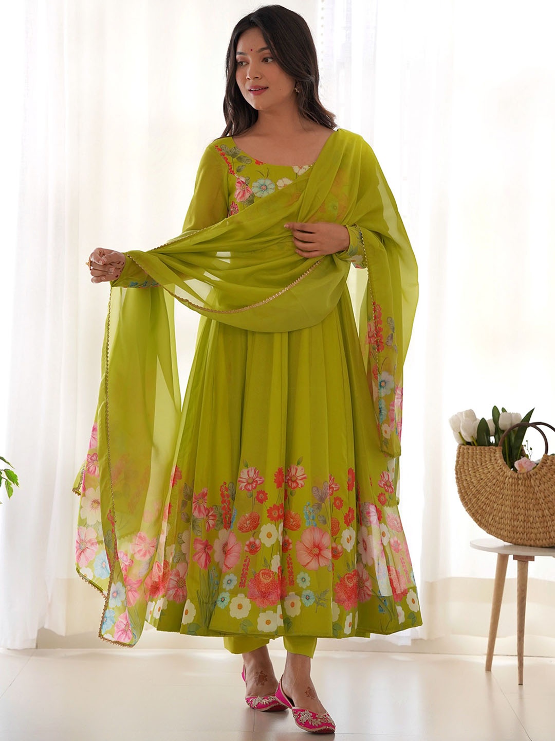 

KALINI Women Floral Printed Regular Kurta with Trousers & With Dupatta, Lime green