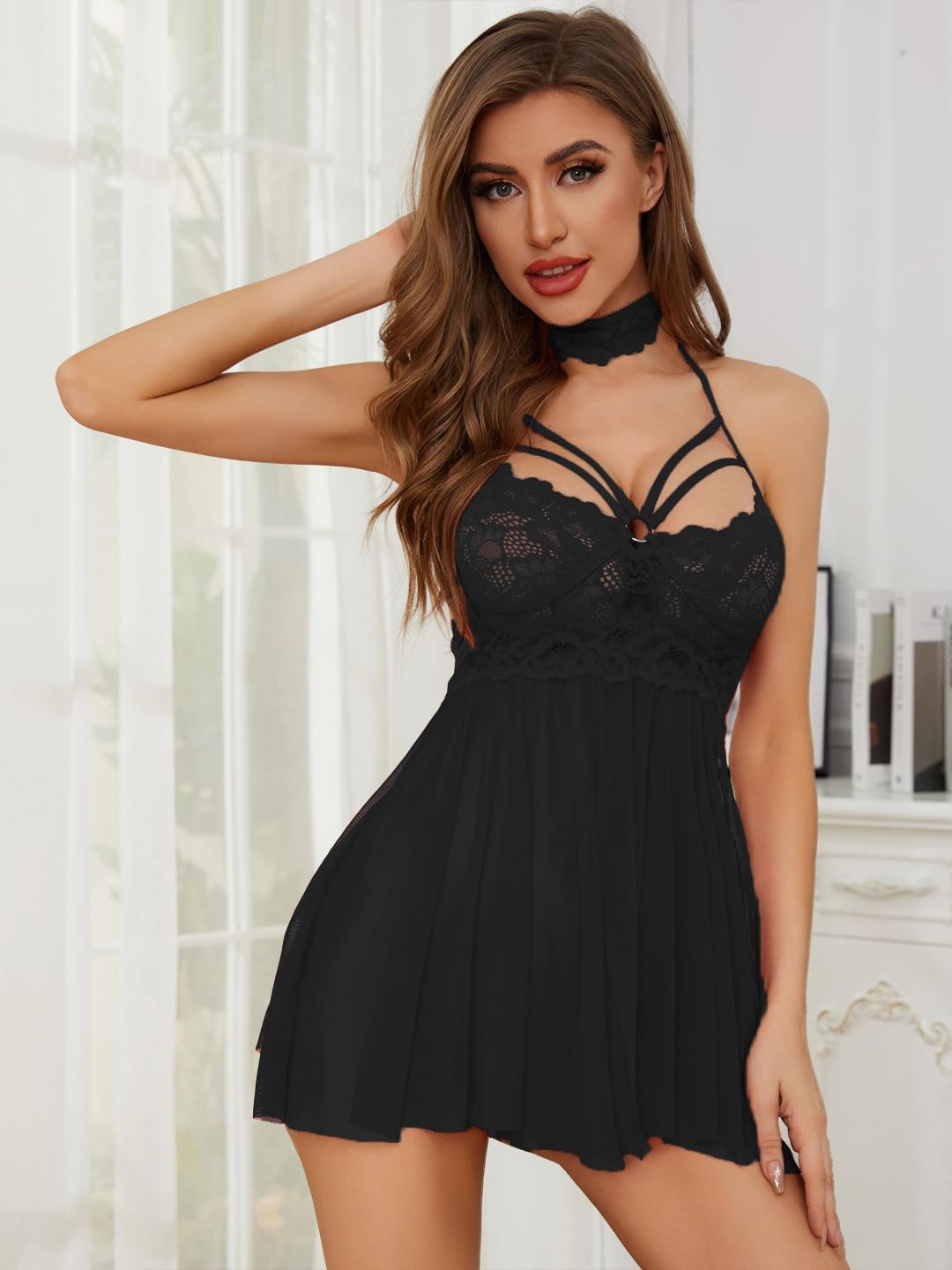 

KRENOZ Net Halter Neck Baby Doll, Black