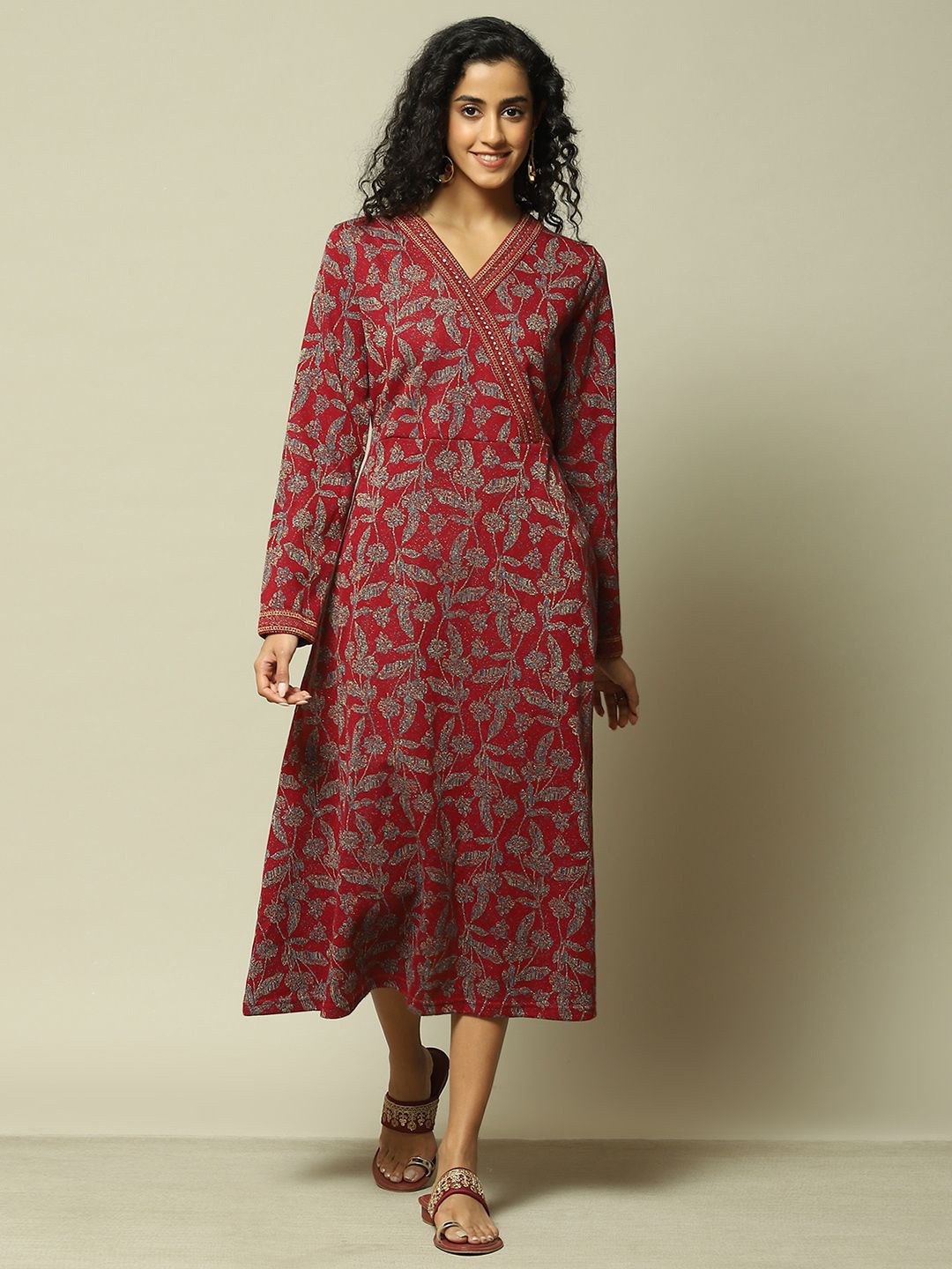 

Rangriti Floral Print Cotton Wrap Midi Dress, Maroon