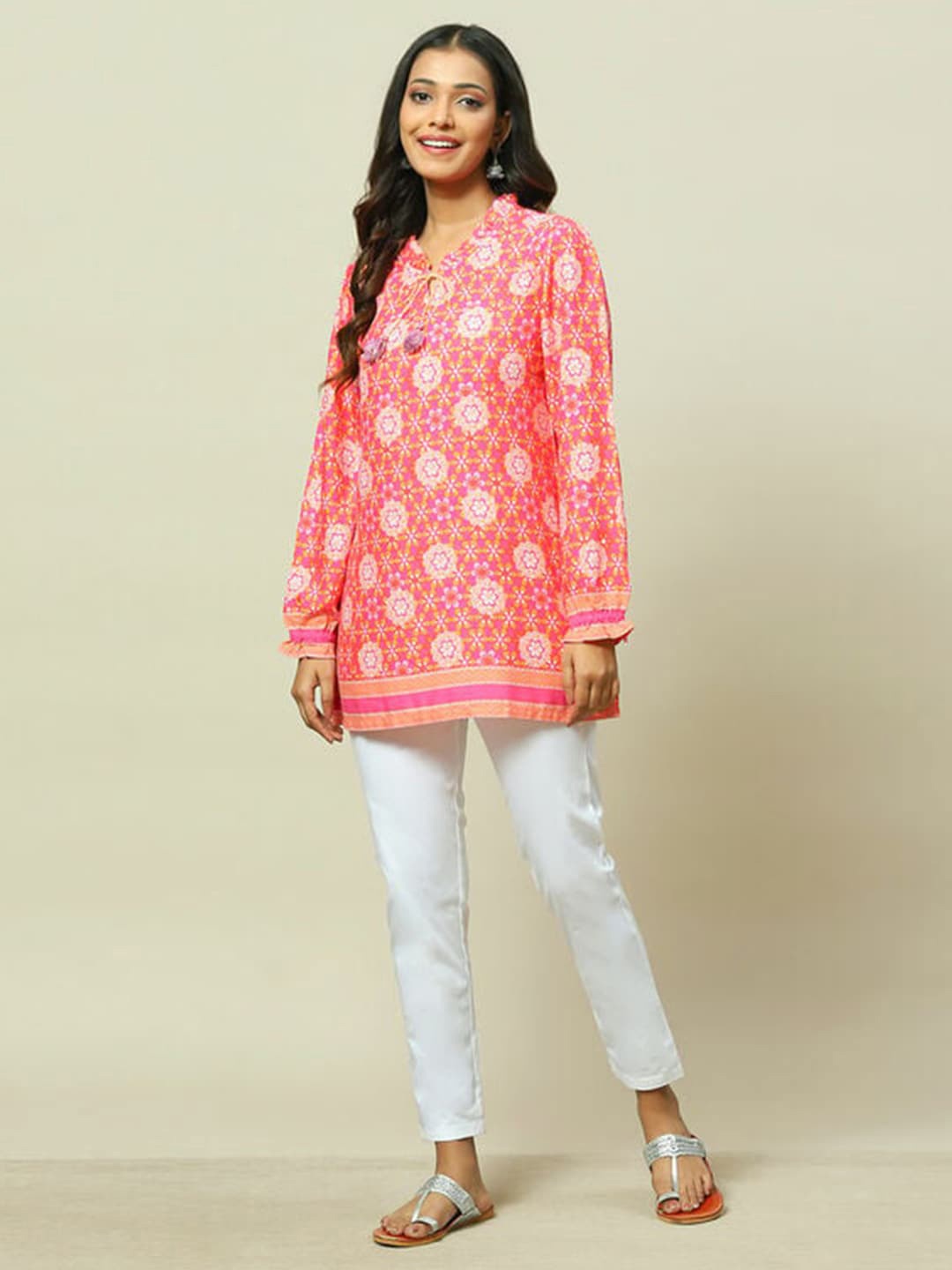 

Rangriti Women Longline Tie-Up Neck Cuffed Sleeves Top, Pink