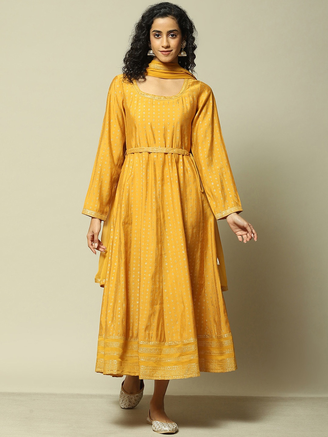 

Rangriti Round Neck Long Flared Sleeves Ethnic Motifs A-Line Midi Dress, Mustard