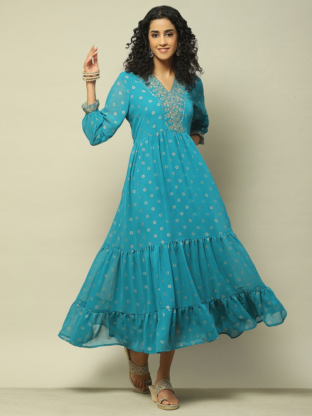 

Rangriti V Neck Ethnic Motifs Print Puff Sleeve A-Line Midi Dress, Blue