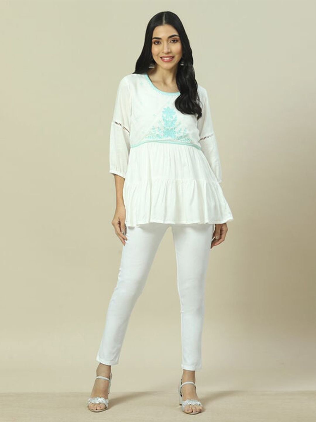 

Rangriti Floral Print Extended Sleeves Longline Top, White