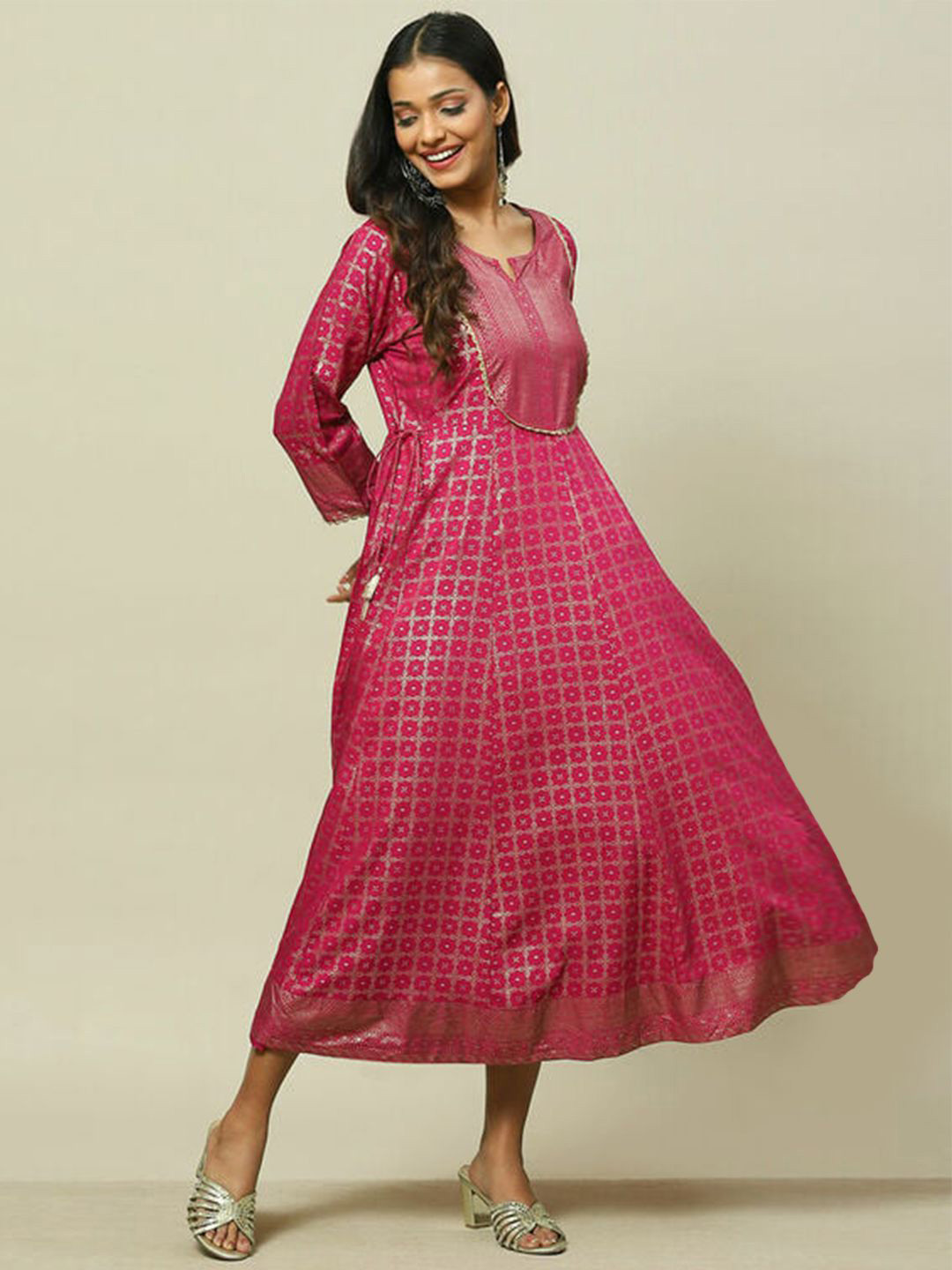 

Rangriti Notched Neck Geometric Print A-Line Midi Dress, Magenta