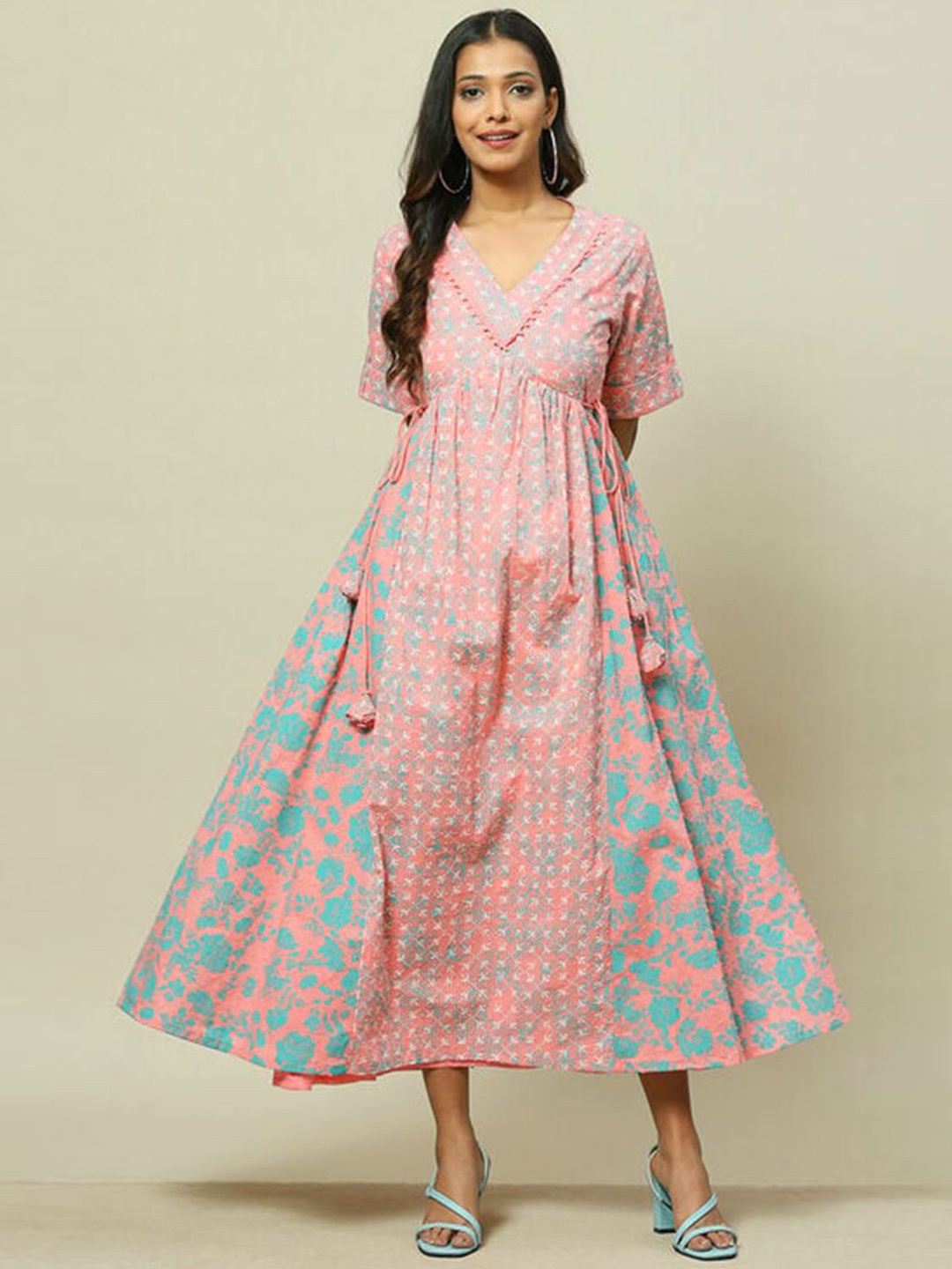 

Rangriti Floral Print Empire Midi Dress, Coral
