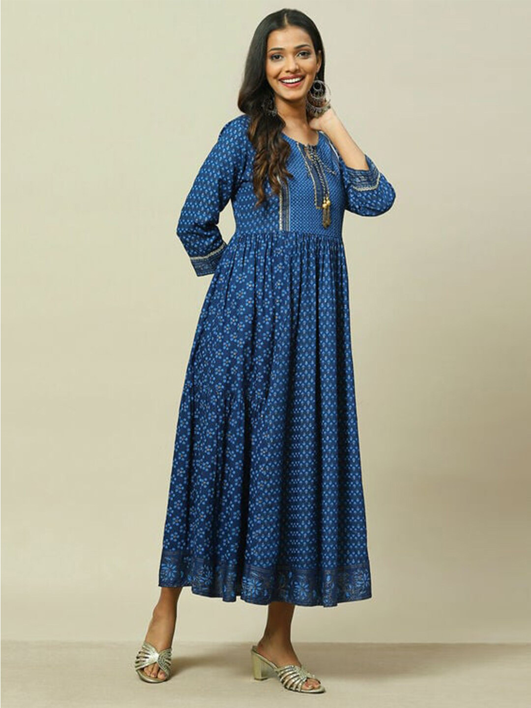 

Rangriti Ethnic Motifs Printed A-Line Maxi Dress, Blue
