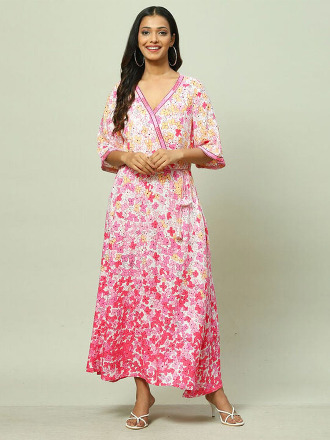 

Rangriti V Neck Flared Floral Print Maxi Dress, Pink