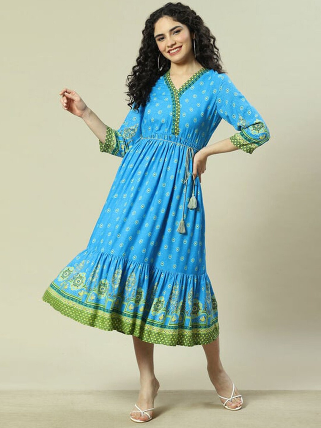 

Rangriti Women Ethnic Motifs Print A-Line Midi Dress, Blue