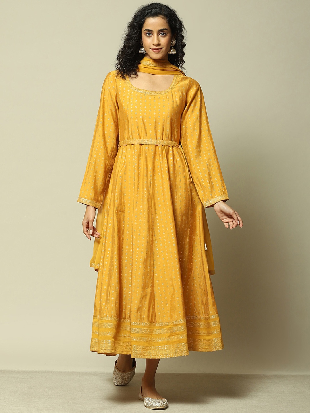 

Rangriti Ethnic Motifs Self Design A-Line Midi Dress, Mustard
