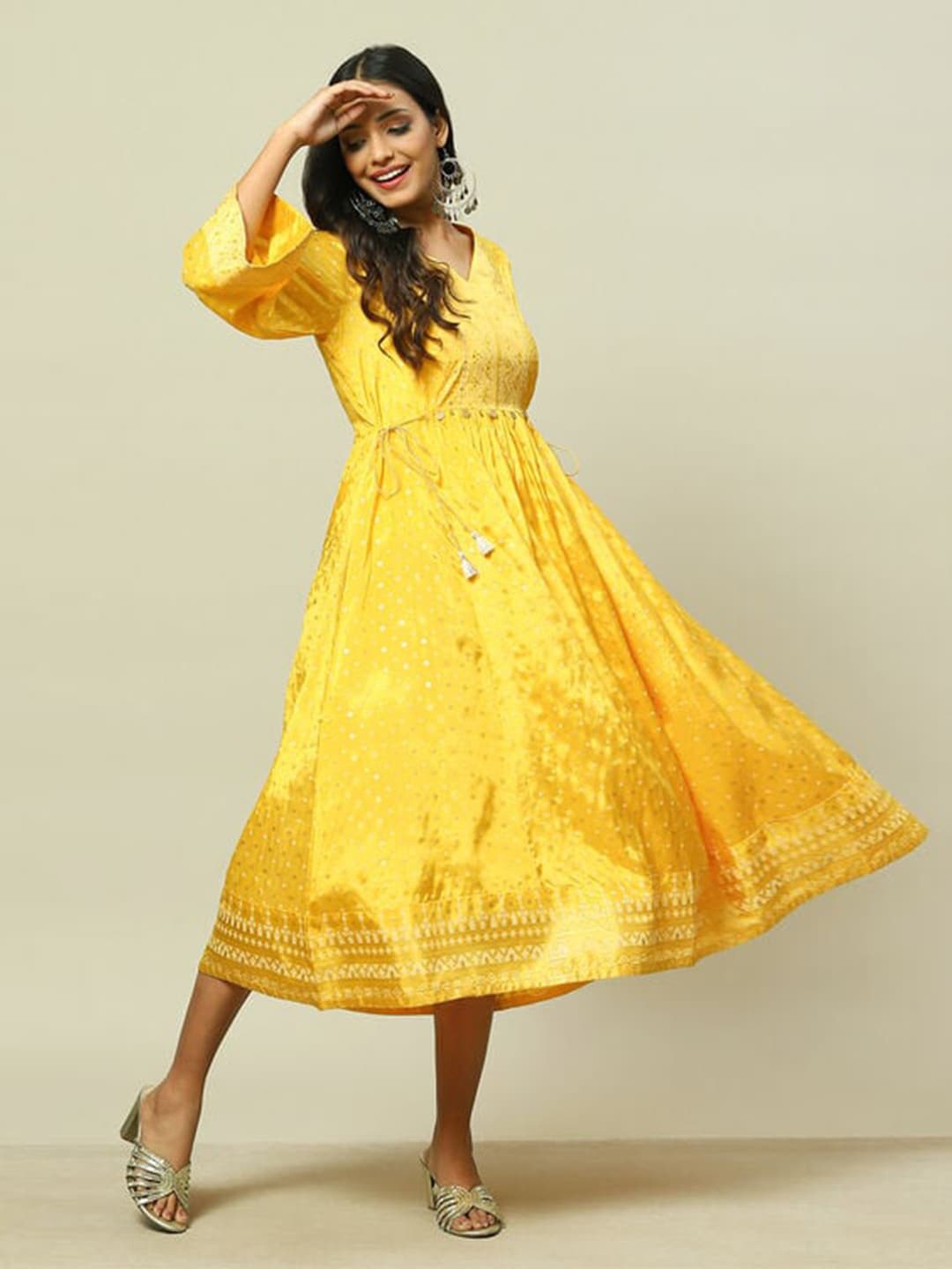 

Rangriti Ethnic Motifs Printed A-Line Midi Dress, Mustard