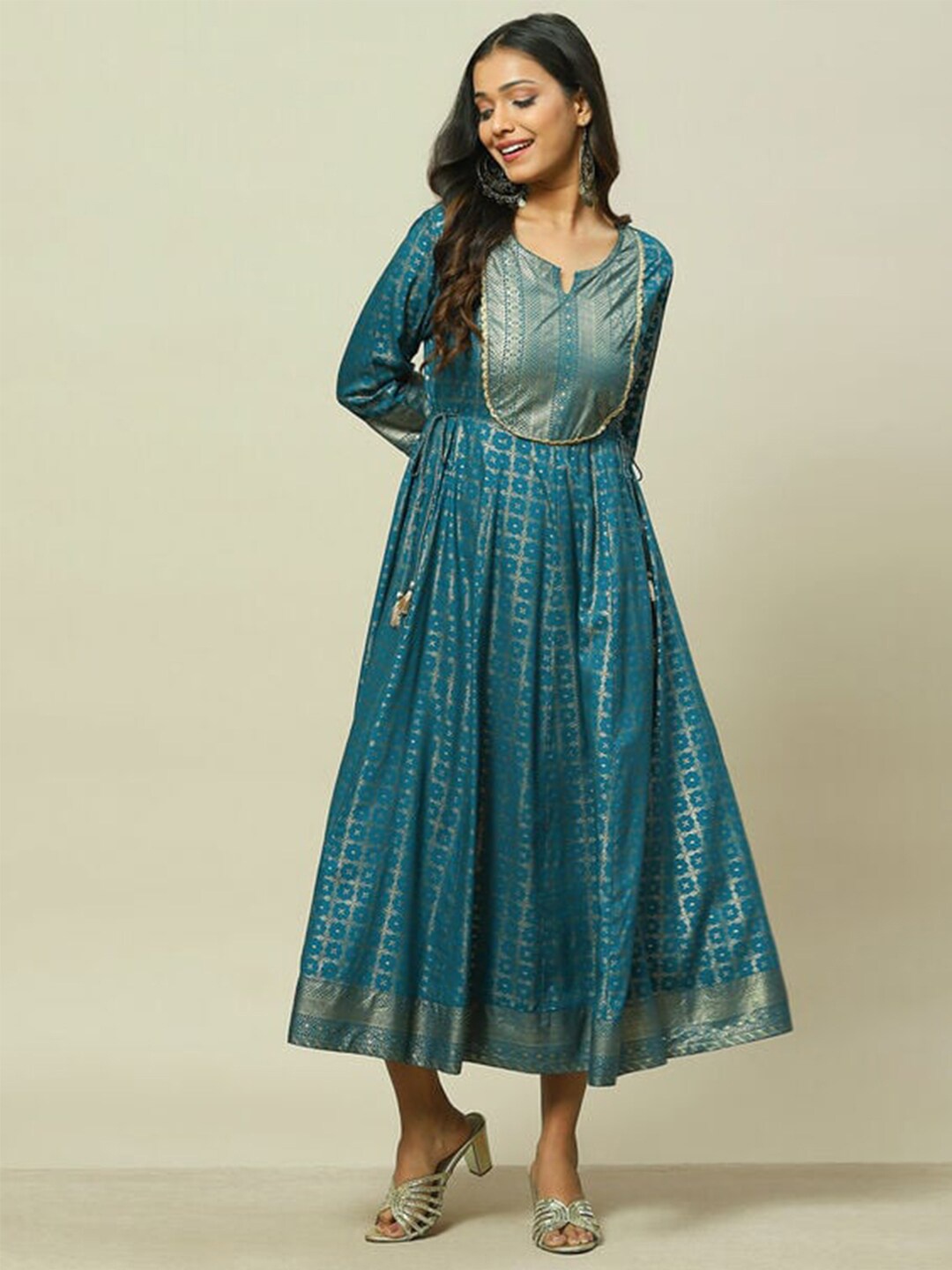 

Rangriti Notched Neck Ethnic Motifs Print A-Line Maxi Dress, Teal
