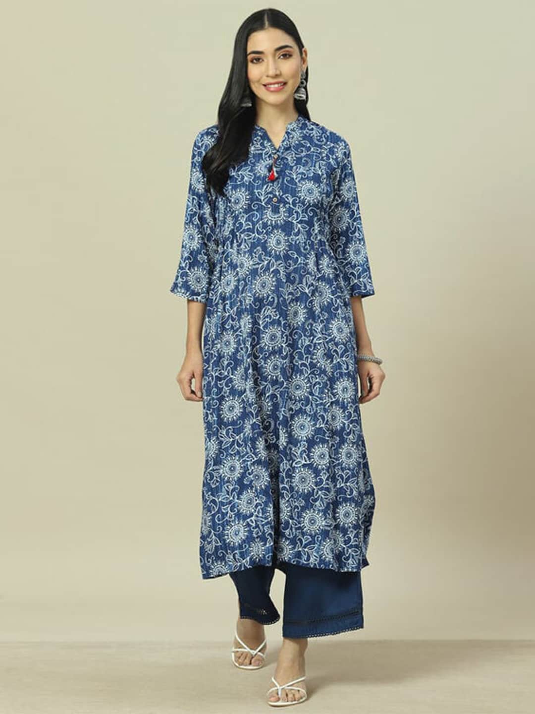 

Rangriti Women Mandarin Collar Floral Printed Maxi Dress, Blue