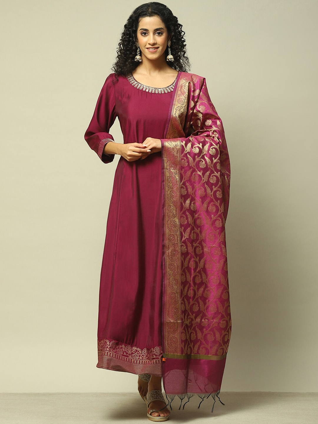 

Rangriti Round Neck Ethnic Motifs Maxi Ethnic Dress, Purple
