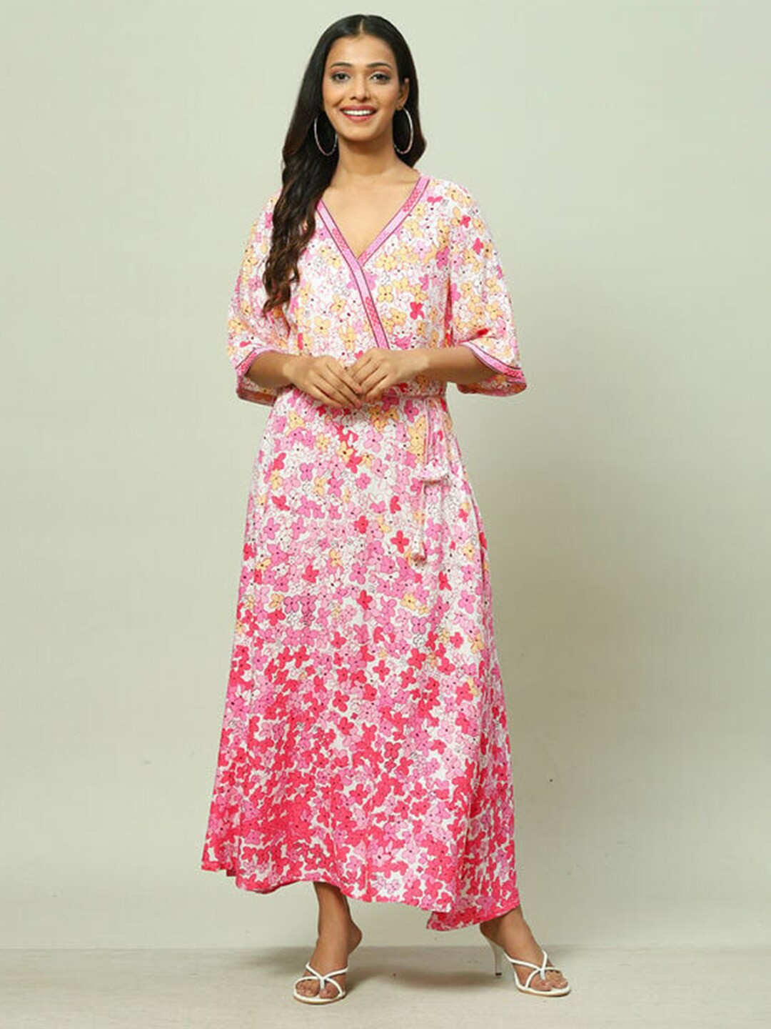 

Rangriti Floral Printed V Neck Maxi Dress, Pink