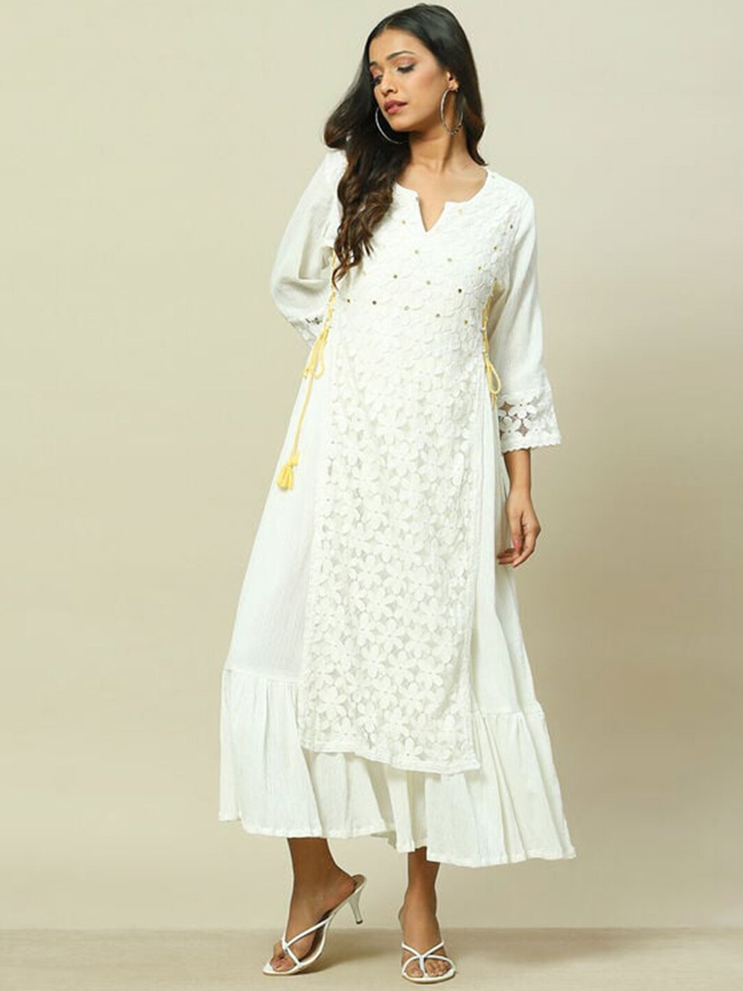 

Rangriti Mirror Work Lace A-Line Layered Ethnic Dress, White