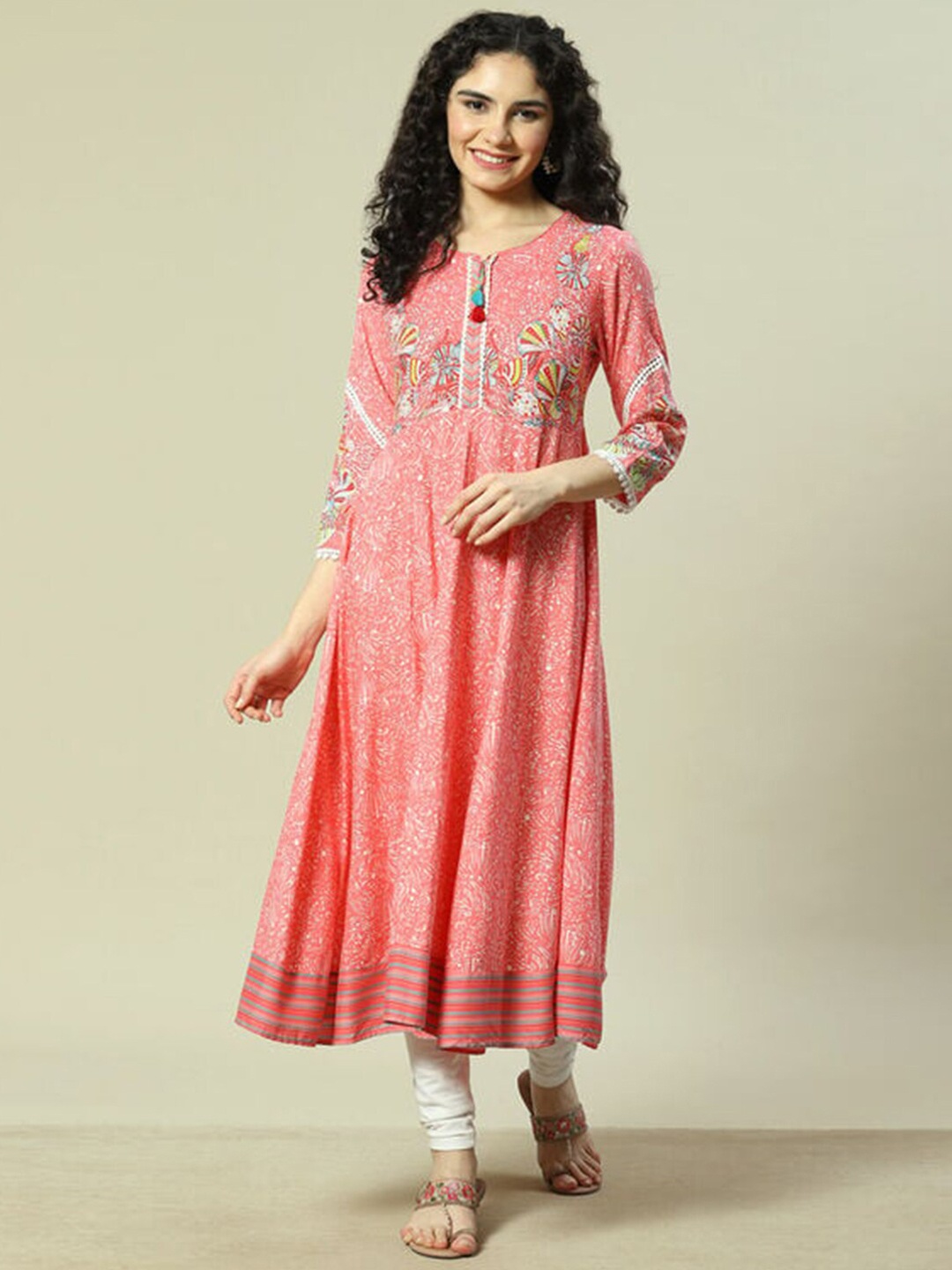 

Rangriti Abstract Printed Round Neck Gotta Patti Anarkali Kurta, Coral